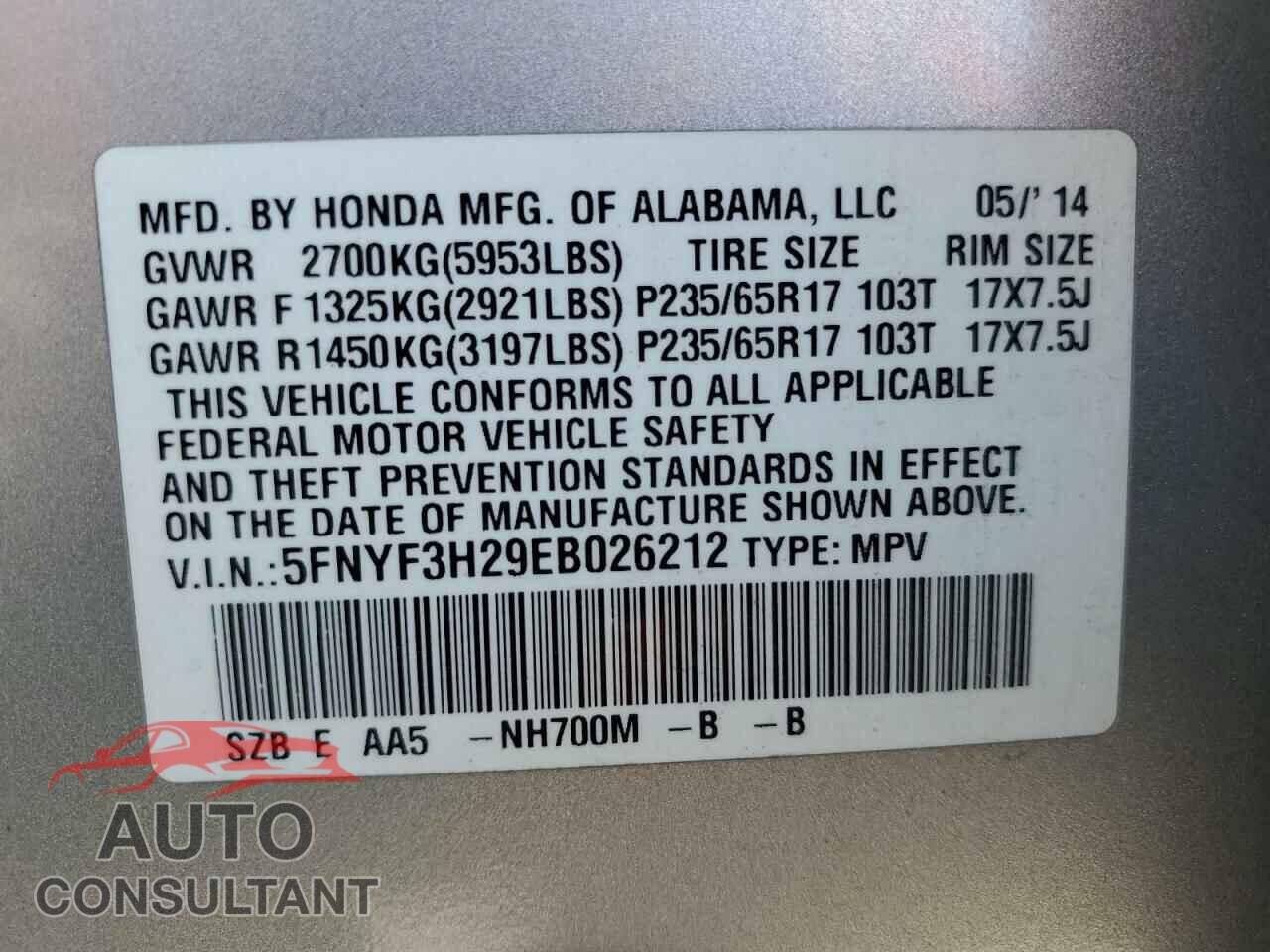 HONDA PILOT 2014 - 5FNYF3H29EB026212
