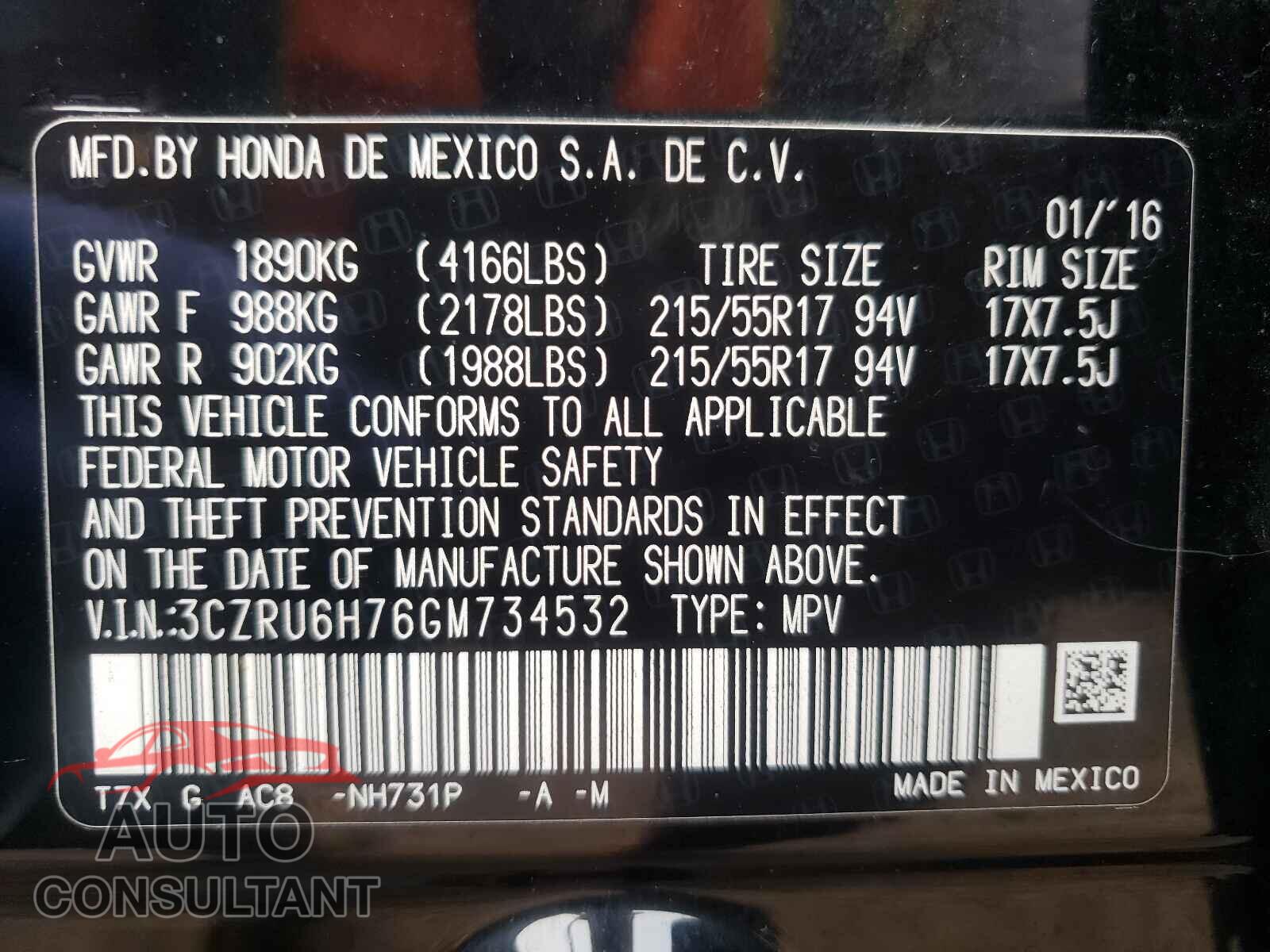 HONDA HR-V 2016 - 3CZRU6H76GM734532