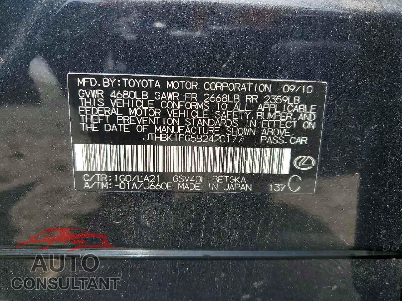 LEXUS ES350 2011 - JTHBK1EG5B2420177
