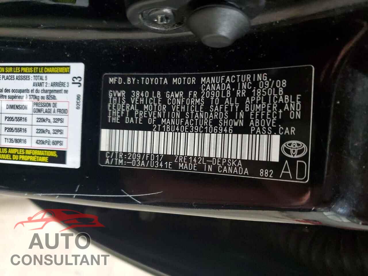 TOYOTA COROLLA 2009 - 2T1BU40E39C106946