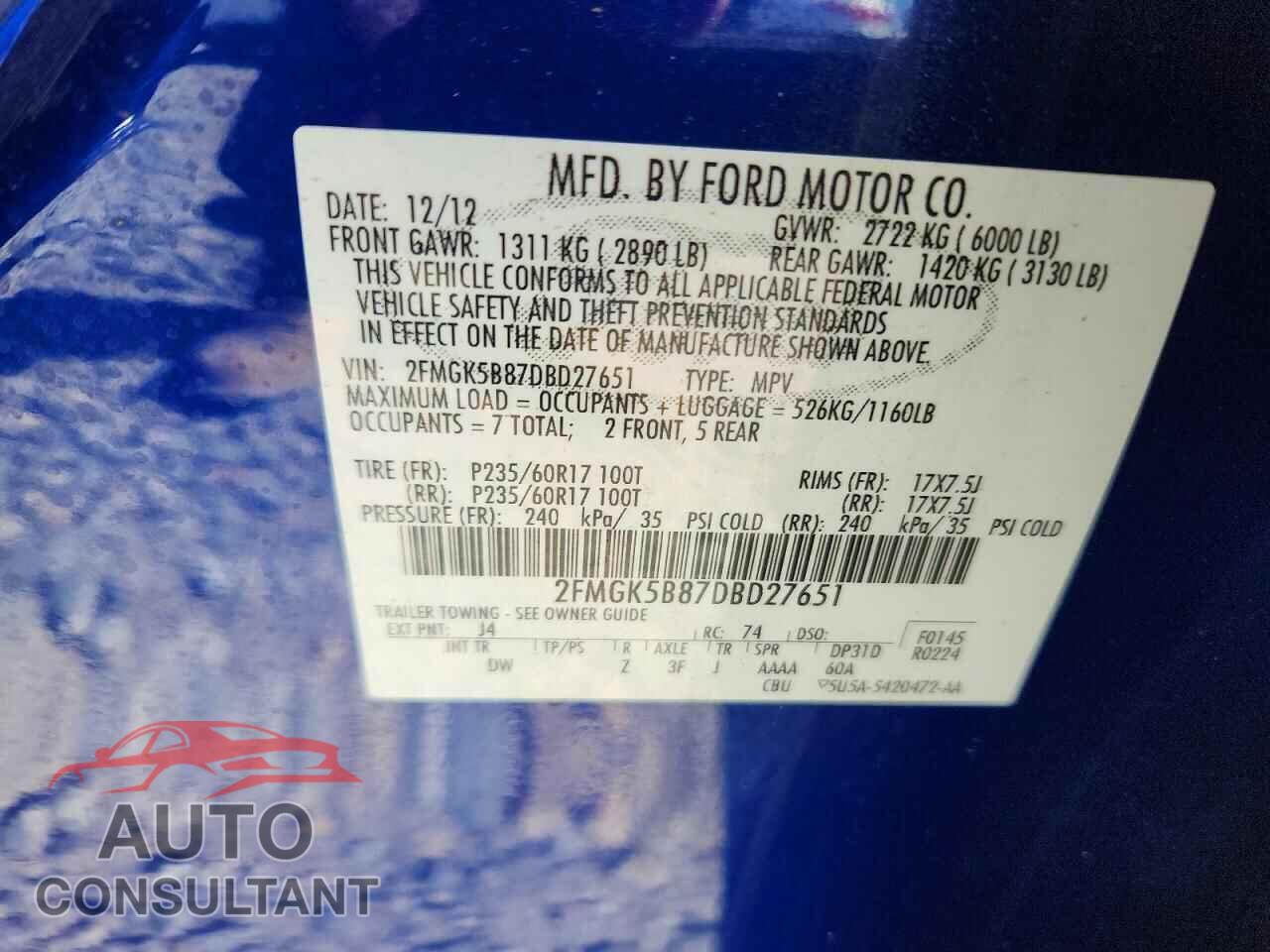 FORD FLEX 2013 - 2FMGK5B87DBD27651