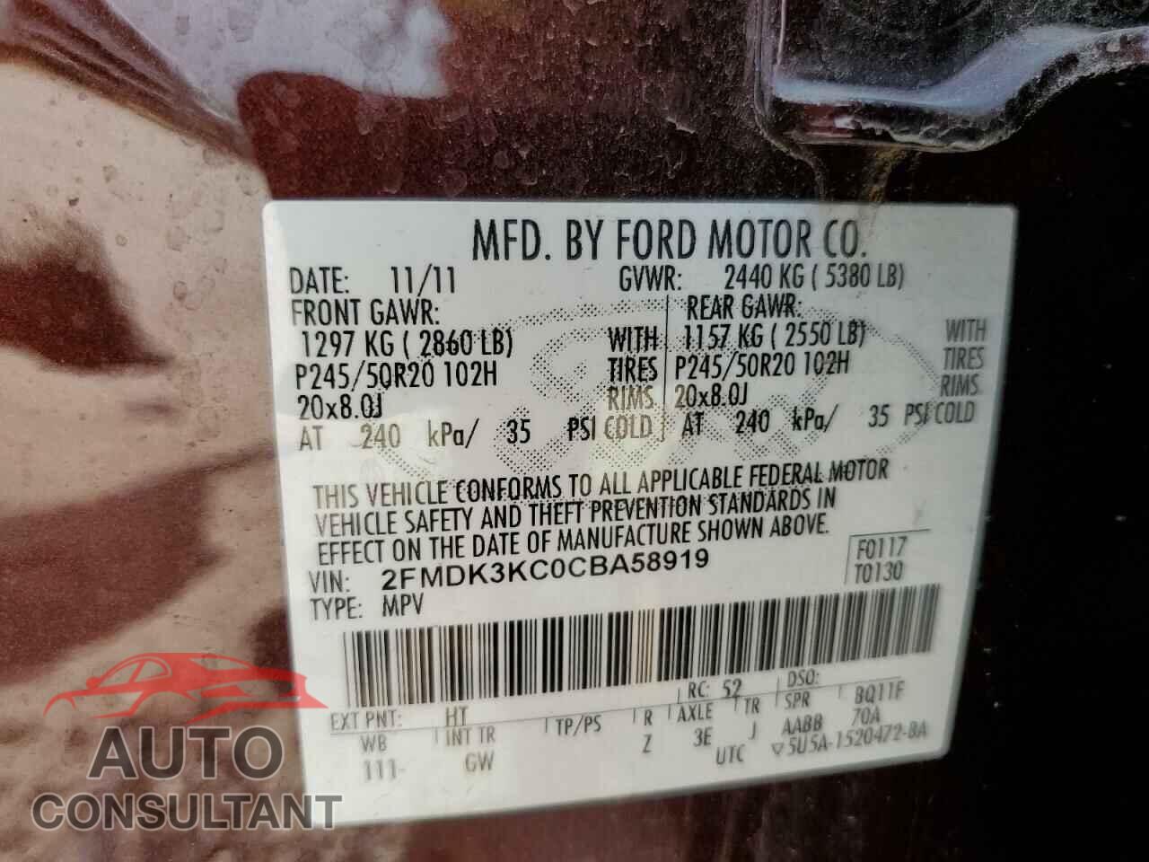 FORD EDGE 2012 - 2FMDK3KC0CBA58919