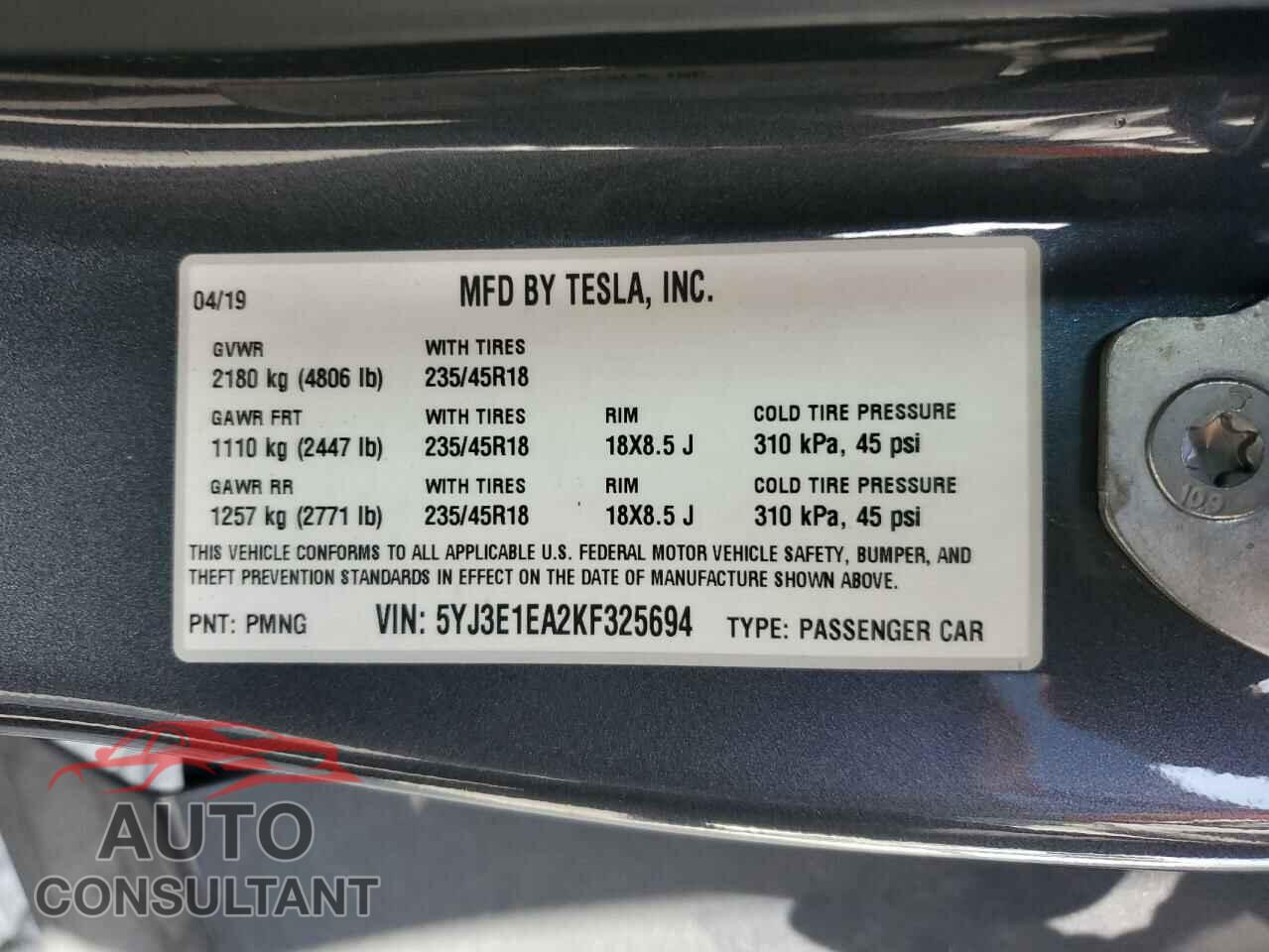 TESLA MODEL 3 2019 - 5YJ3E1EA2KF325694