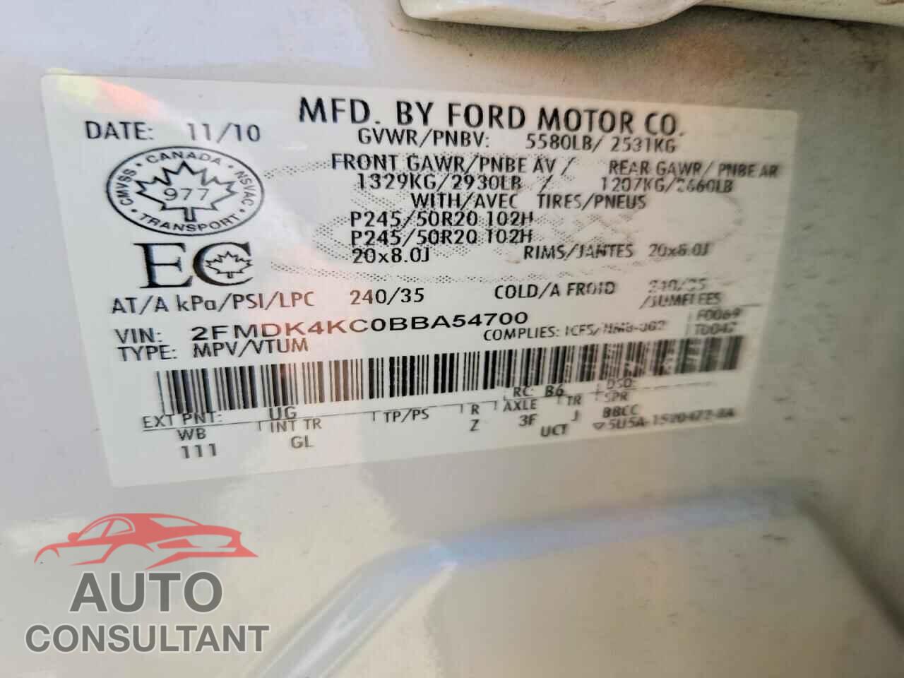 FORD EDGE 2011 - 2FMDK4KC0BBA54700