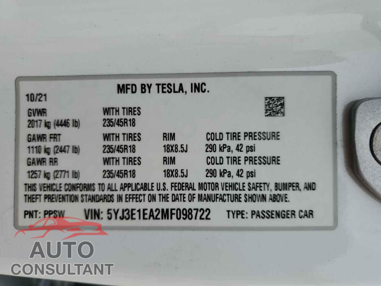 TESLA MODEL 3 2021 - 5YJ3E1EA2MF098722