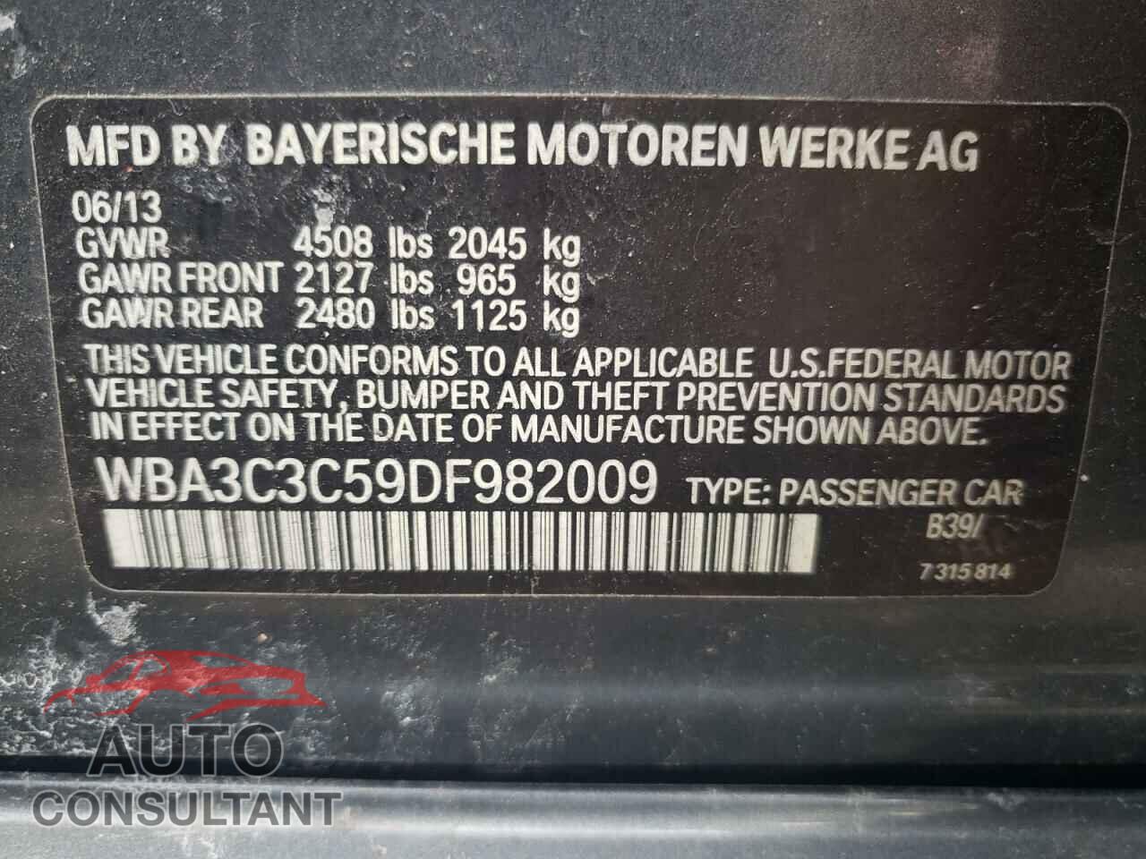 BMW 3 SERIES 2013 - WBA3C3C59DF982009