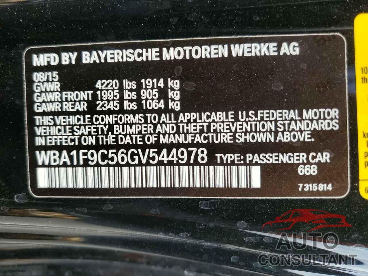 BMW 2 SERIES 2016 - WBA1F9C56GV544978