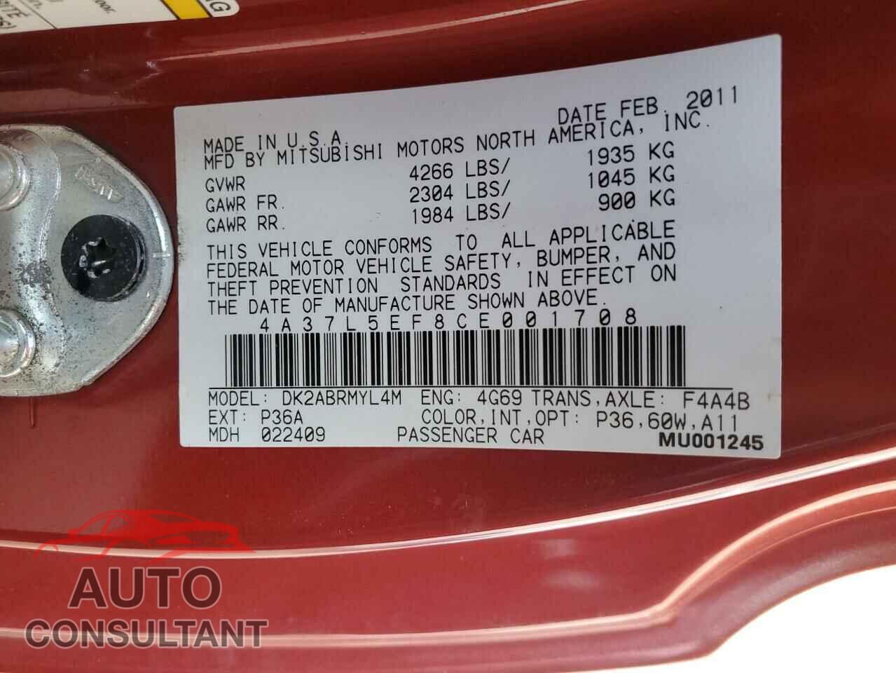 MITSUBISHI ECLIPSE 2012 - 4A37L5EF8CE001708