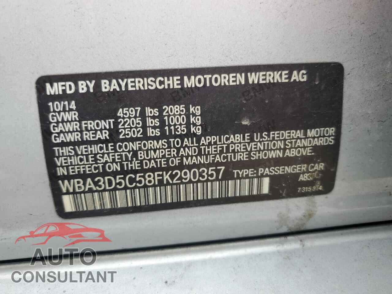 BMW 3 SERIES 2015 - WBA3D5C58FK290357
