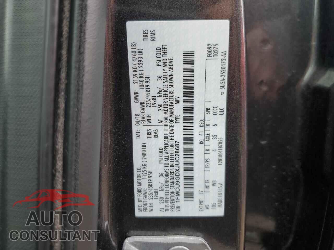 FORD ESCAPE 2018 - 1FMCU9GDXJUC28687