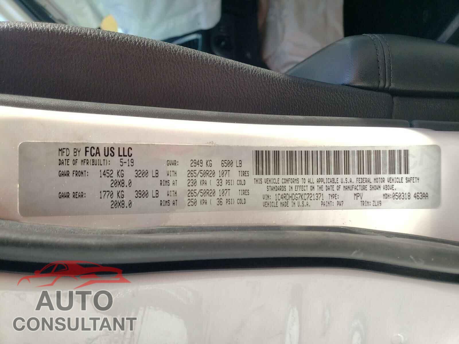 DODGE DURANGO 2019 - 1C4RDHDG7KC721371