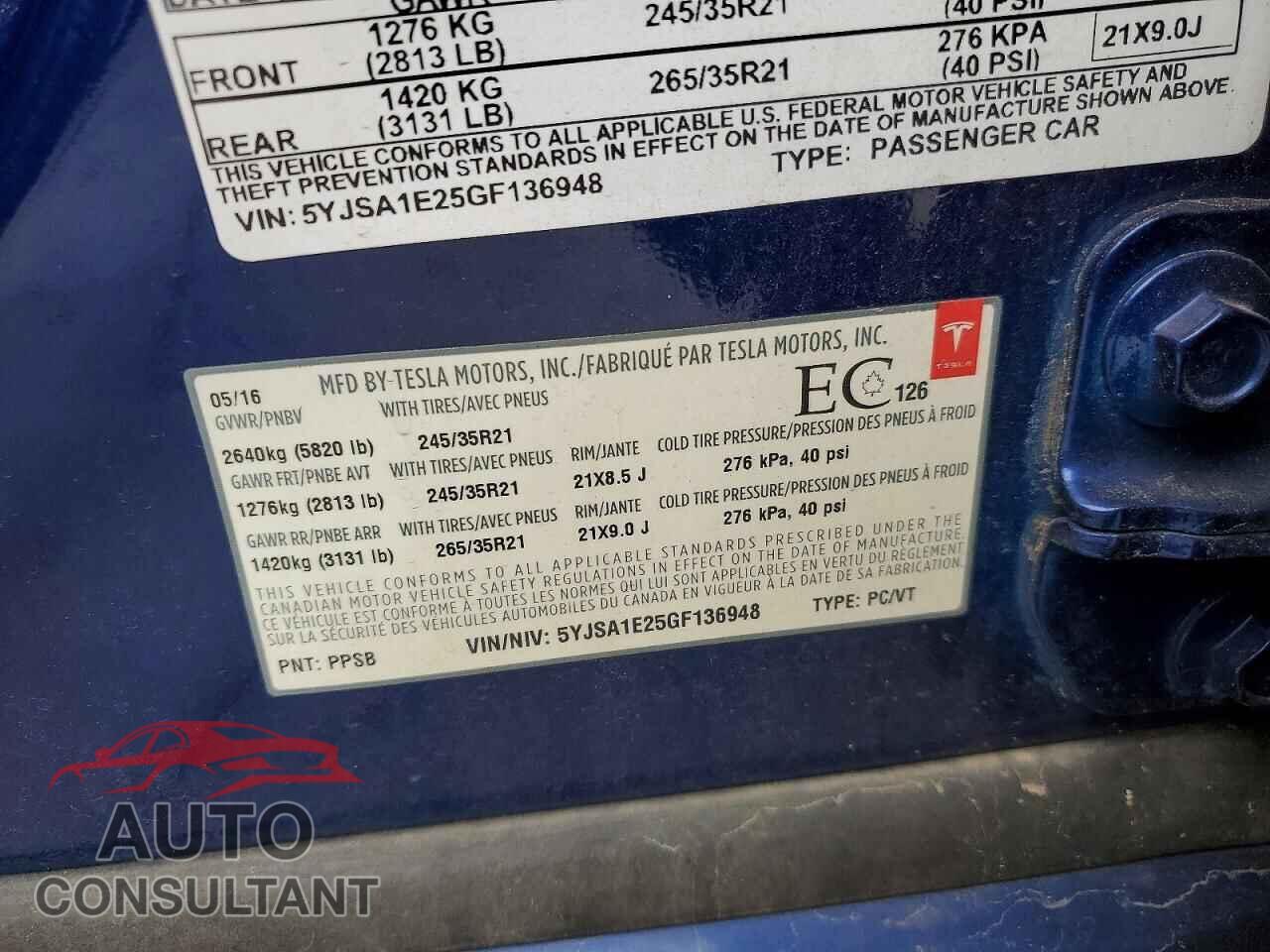TESLA MODEL S 2016 - 5YJSA1E25GF136948