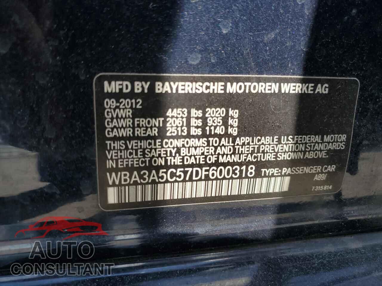 BMW 3 SERIES 2013 - WBA3A5C57DF600318