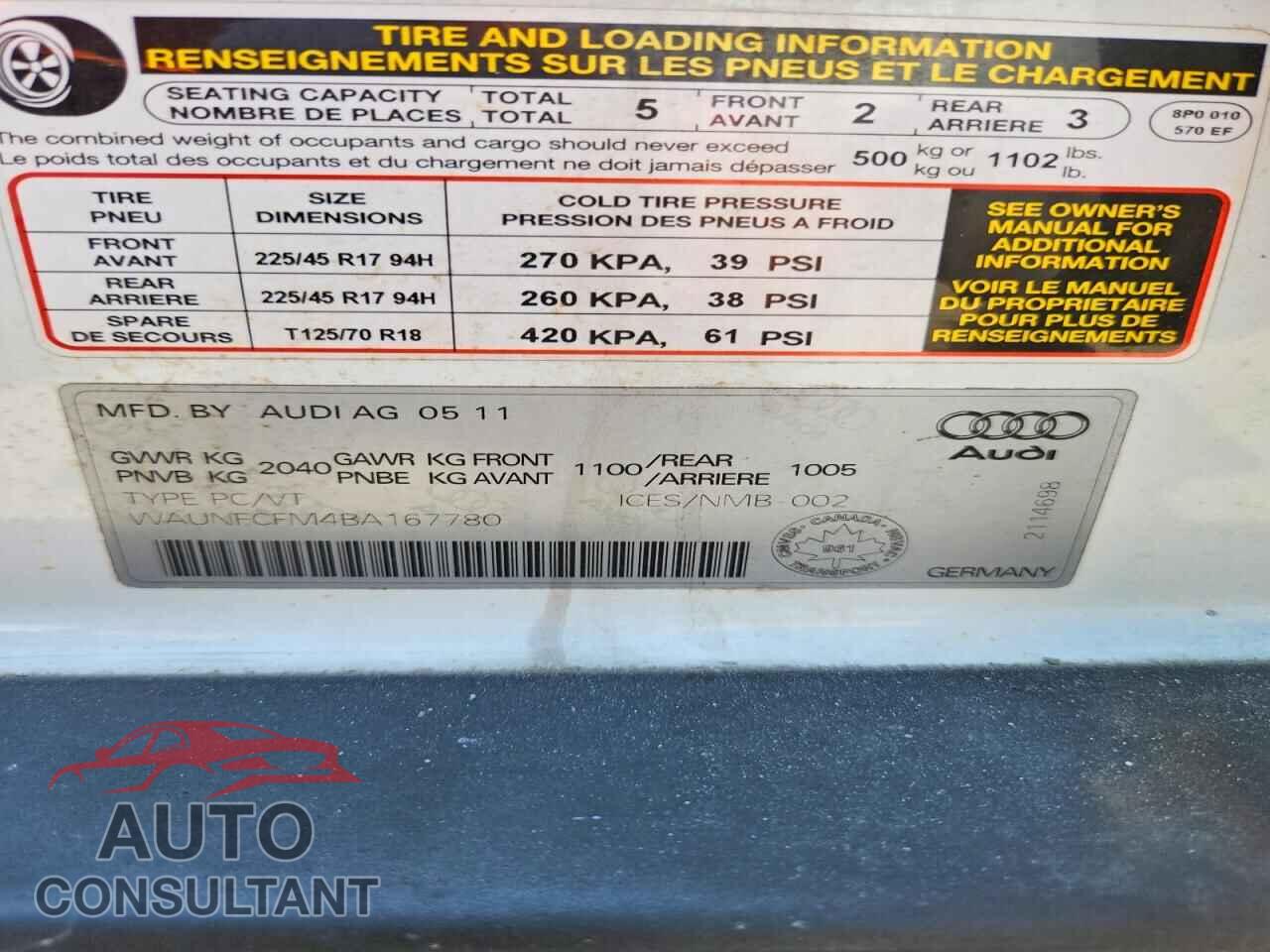 AUDI A3 2011 - WAUNFCFM4BA167780