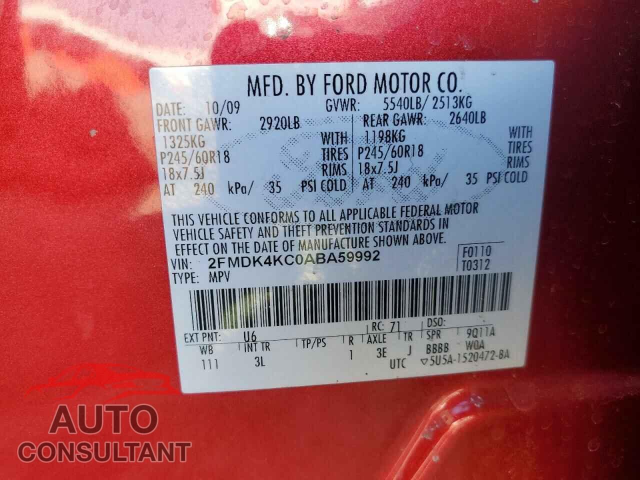 FORD EDGE 2010 - 2FMDK4KC0ABA59992