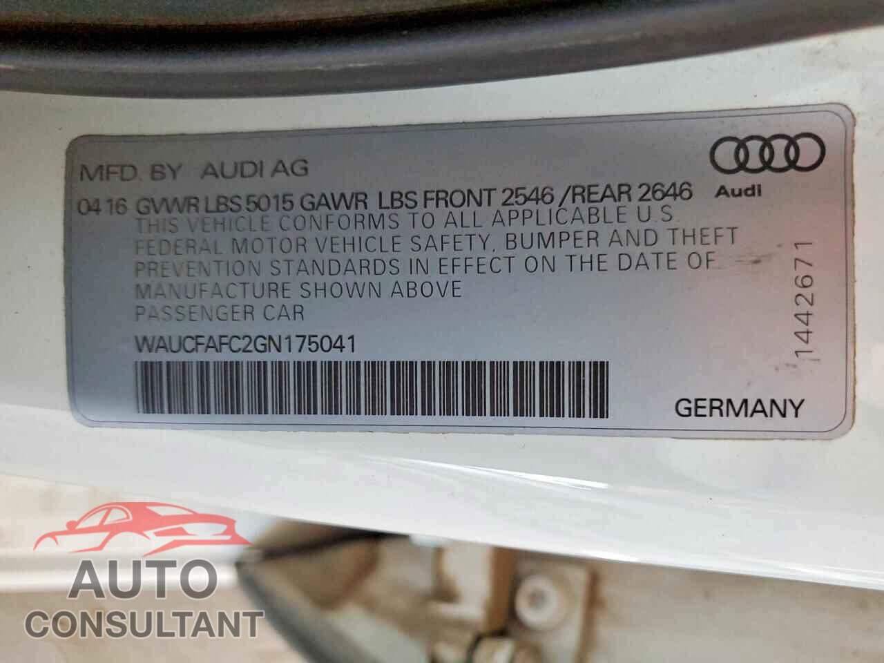 AUDI A6 2016 - WAUCFAFC2GN175041