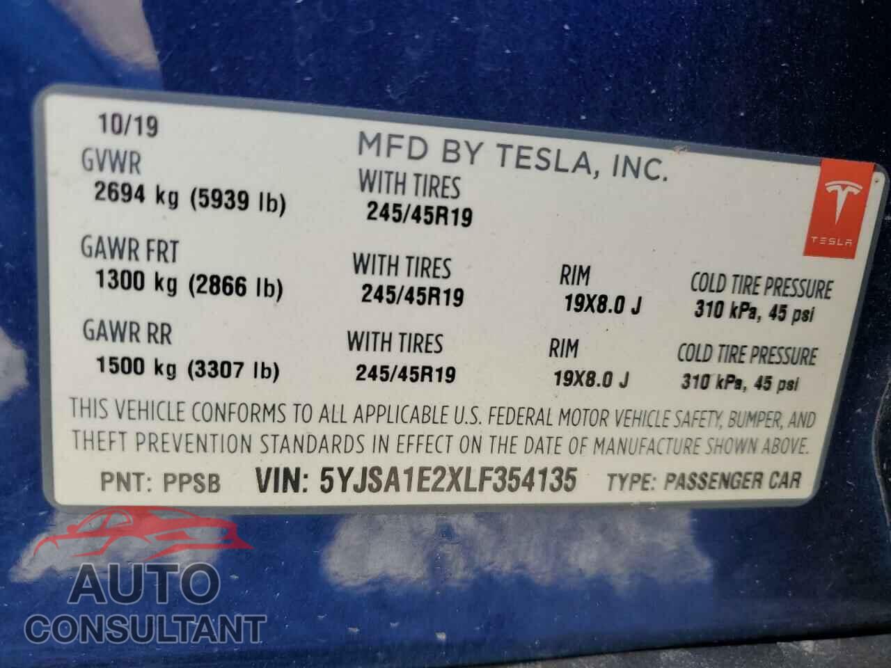 TESLA MODEL S 2020 - 5YJSA1E2XLF354135