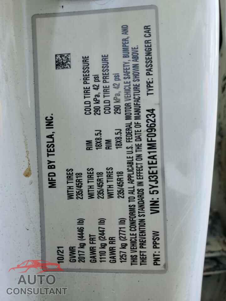 TESLA MODEL 3 2021 - 5YJ3E1EA1MF096234