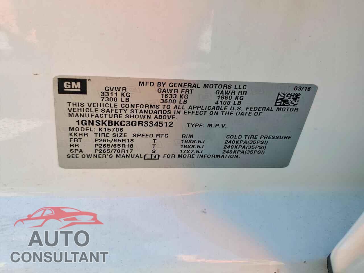 CHEVROLET TAHOE 2016 - 1GNSKBKC3GR334512