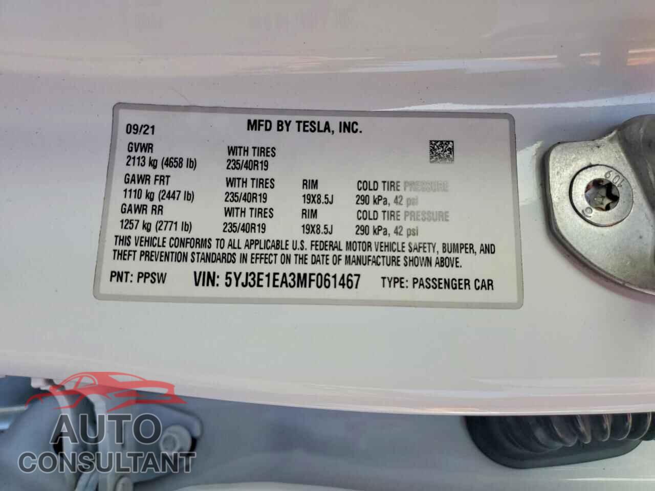 TESLA MODEL 3 2021 - 5YJ3E1EA3MF061467