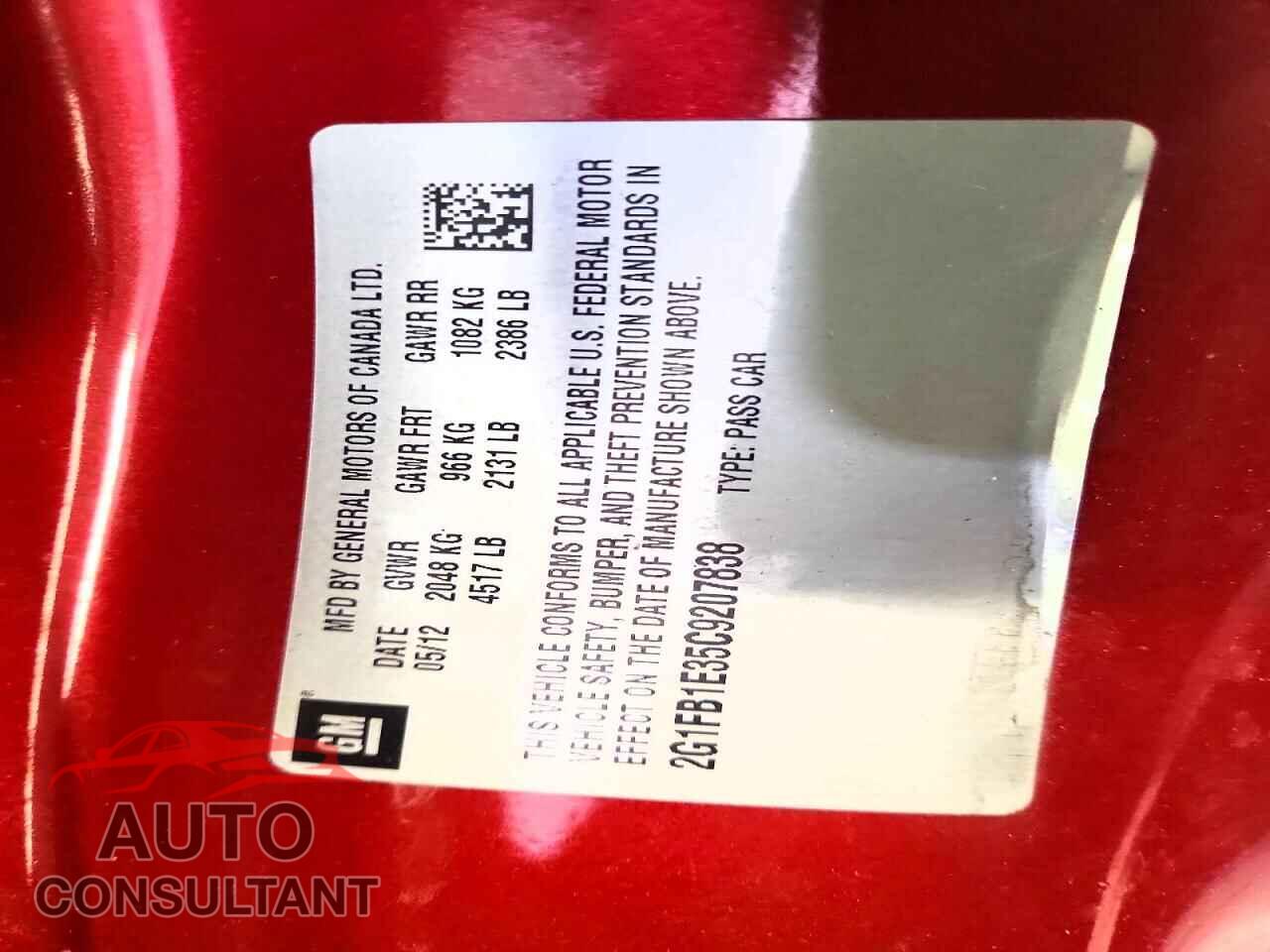 CHEVROLET CAMARO 2012 - 2G1FB1E35C9207838