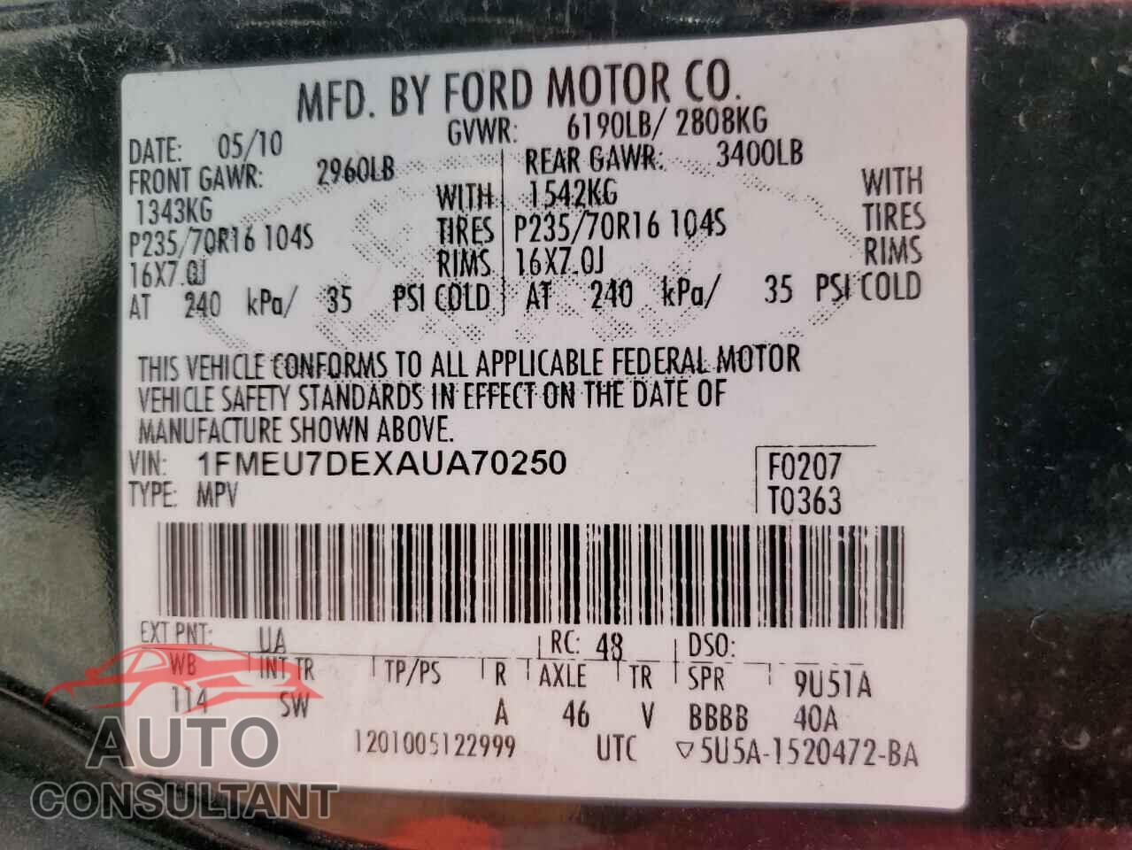 FORD EXPLORER 2010 - 1FMEU7DEXAUA70250