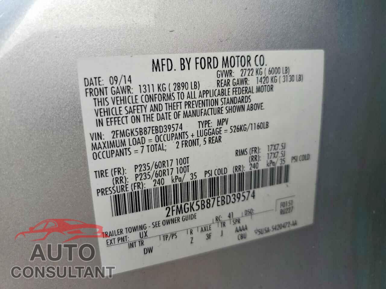 FORD FLEX 2014 - 2FMGK5B87EBD39574