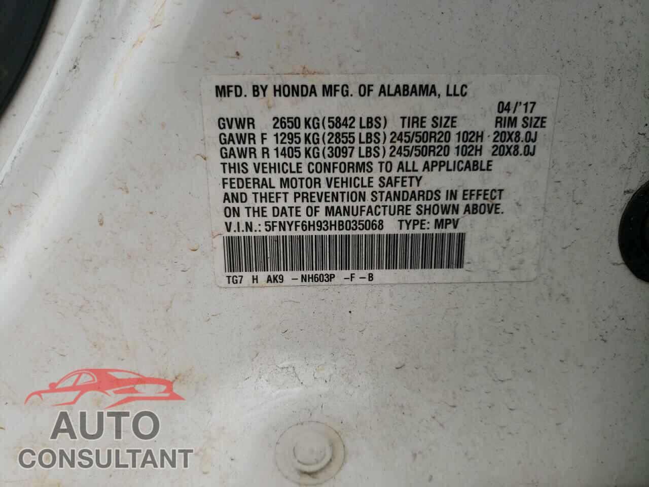 HONDA PILOT 2017 - 5FNYF6H93HB035068
