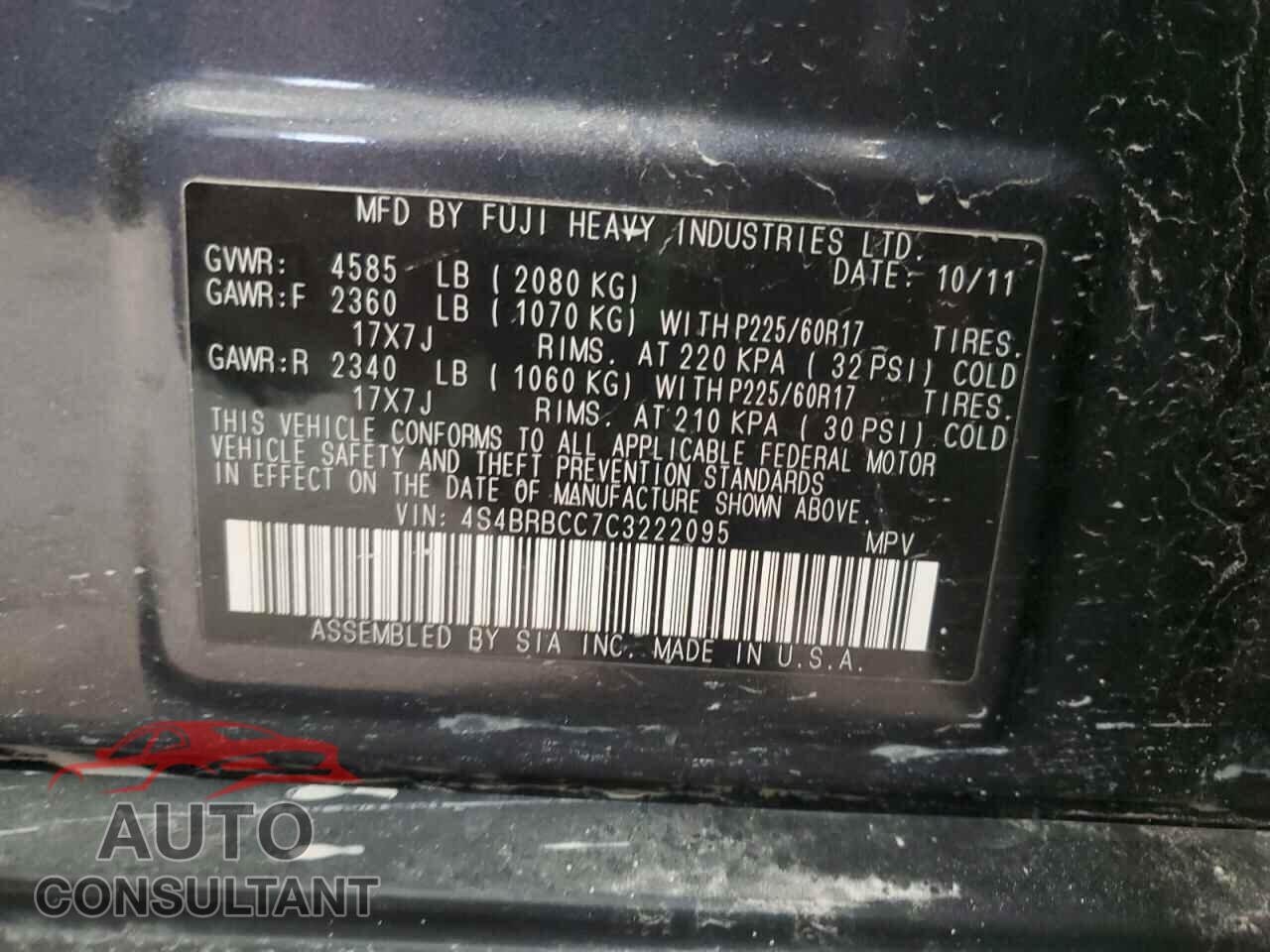 SUBARU OUTBACK 2012 - 4S4BRBCC7C3222095