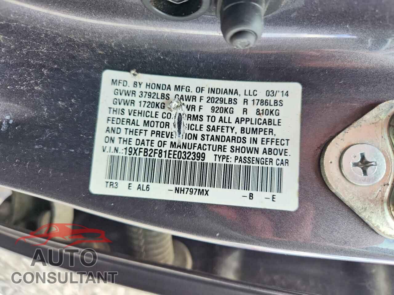 HONDA CIVIC 2014 - 19XFB2F81EE032399