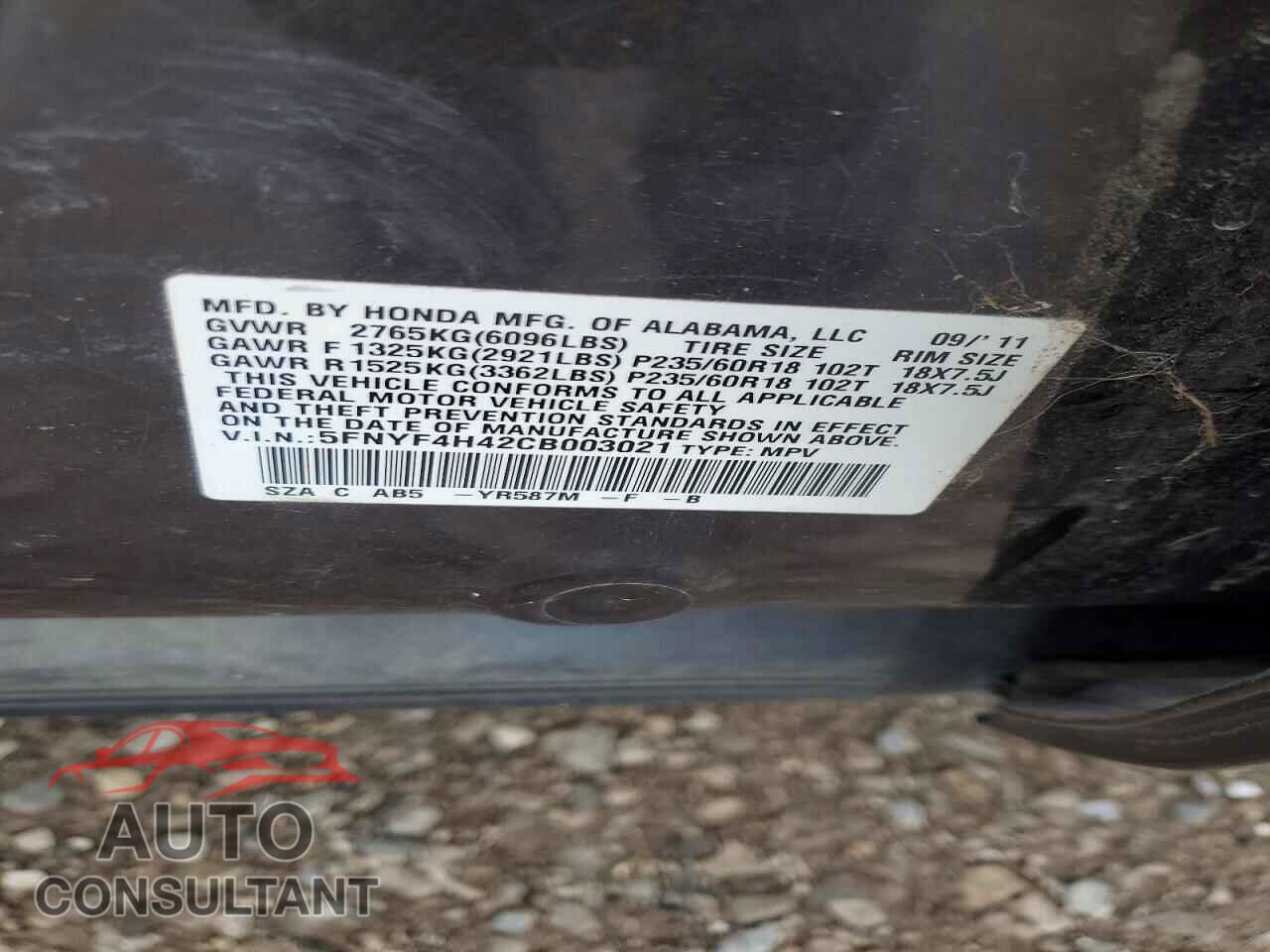 HONDA PILOT 2012 - 5FNYF4H42CB003021