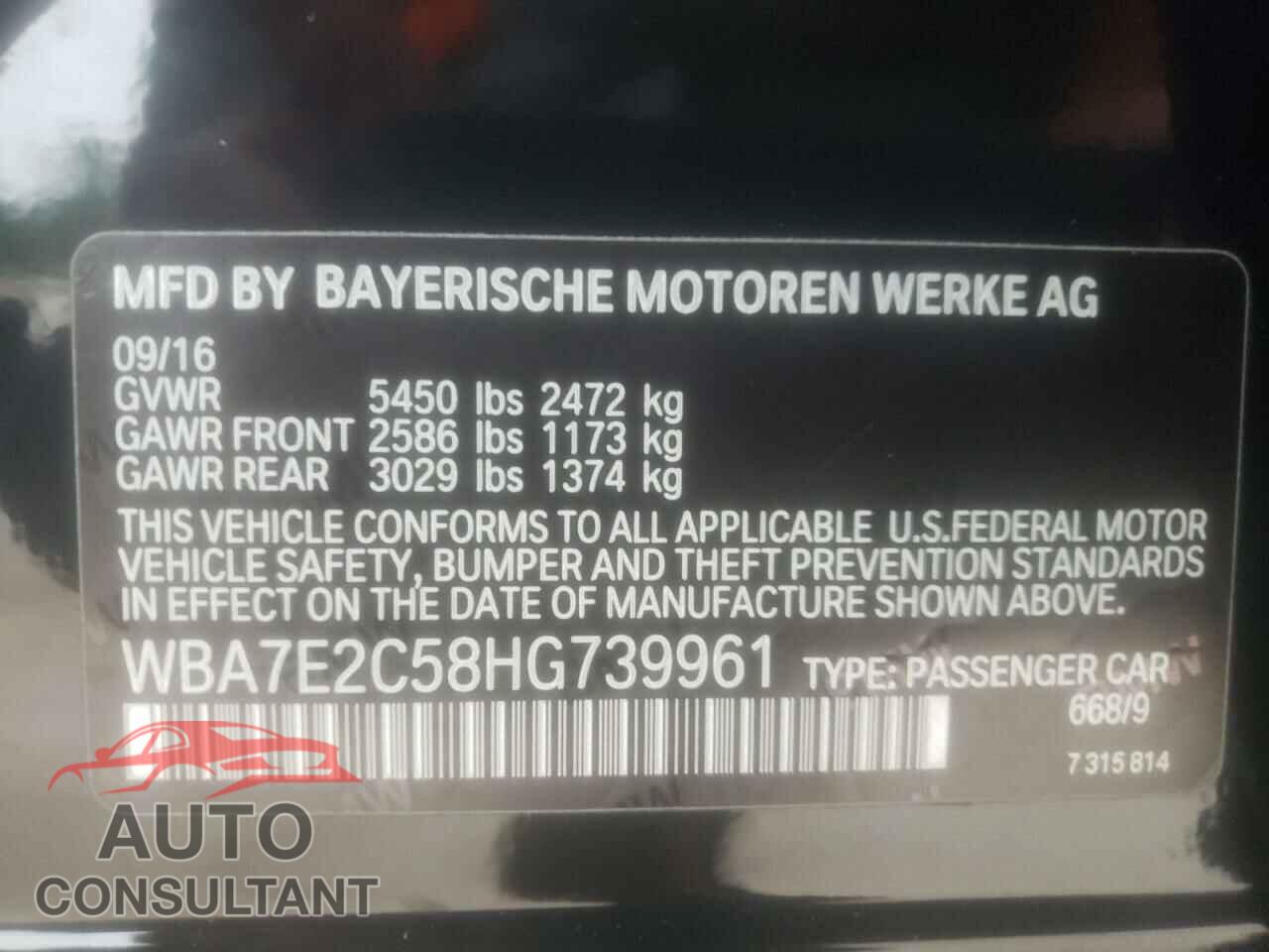 BMW 7 SERIES 2017 - WBA7E2C58HG739961