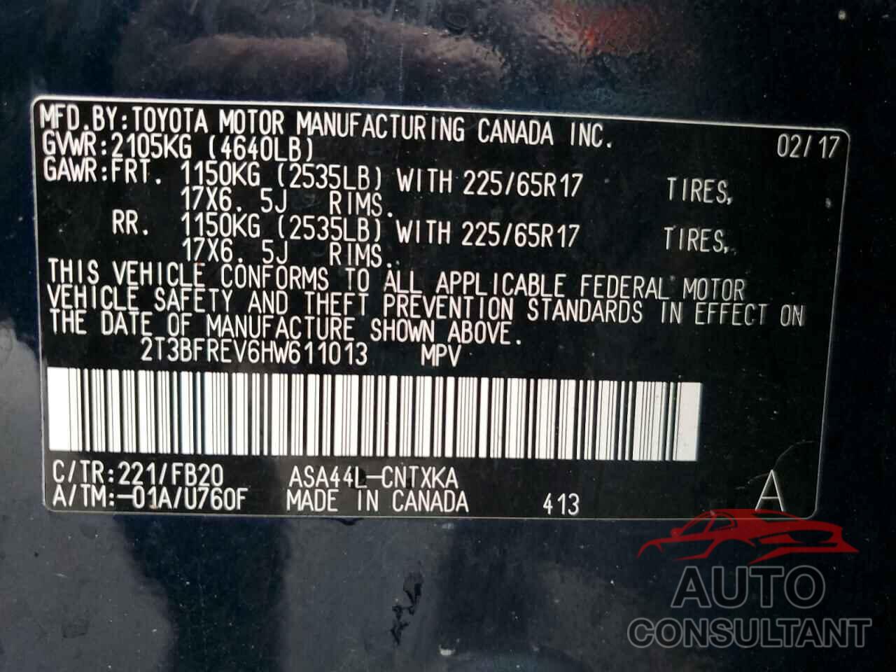 TOYOTA RAV4 2017 - 2T3BFREV6HW611013