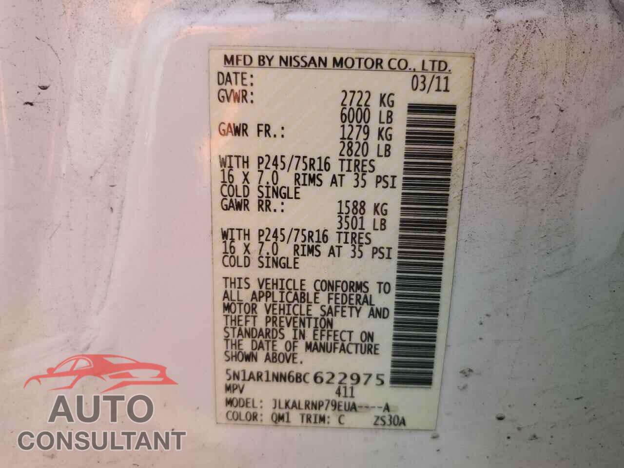 NISSAN PATHFINDER 2011 - 5N1AR1NN6BC622975