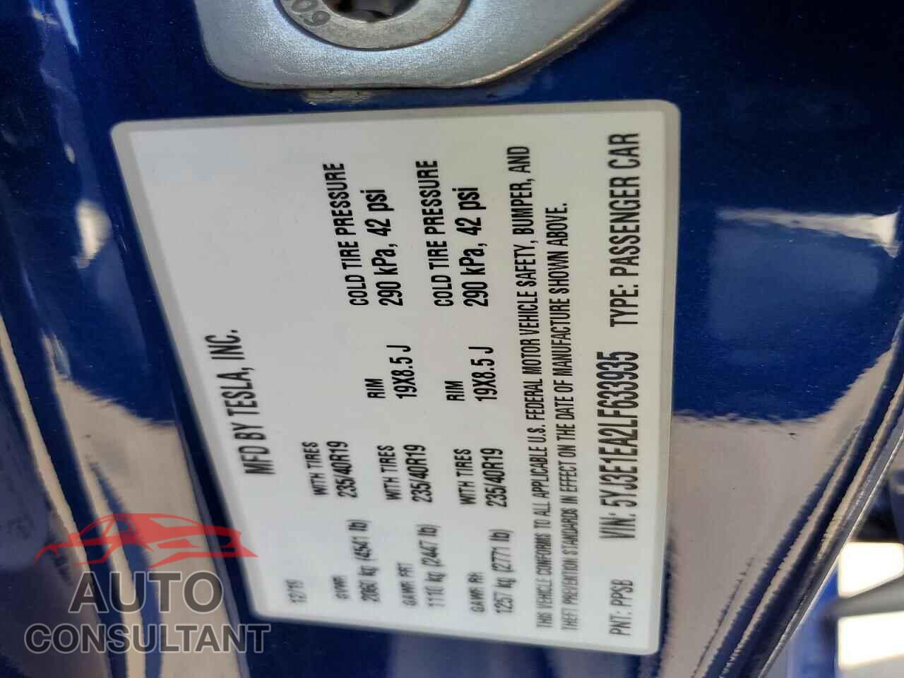 TESLA MODEL 3 2020 - 5YJ3E1EA2LF633935