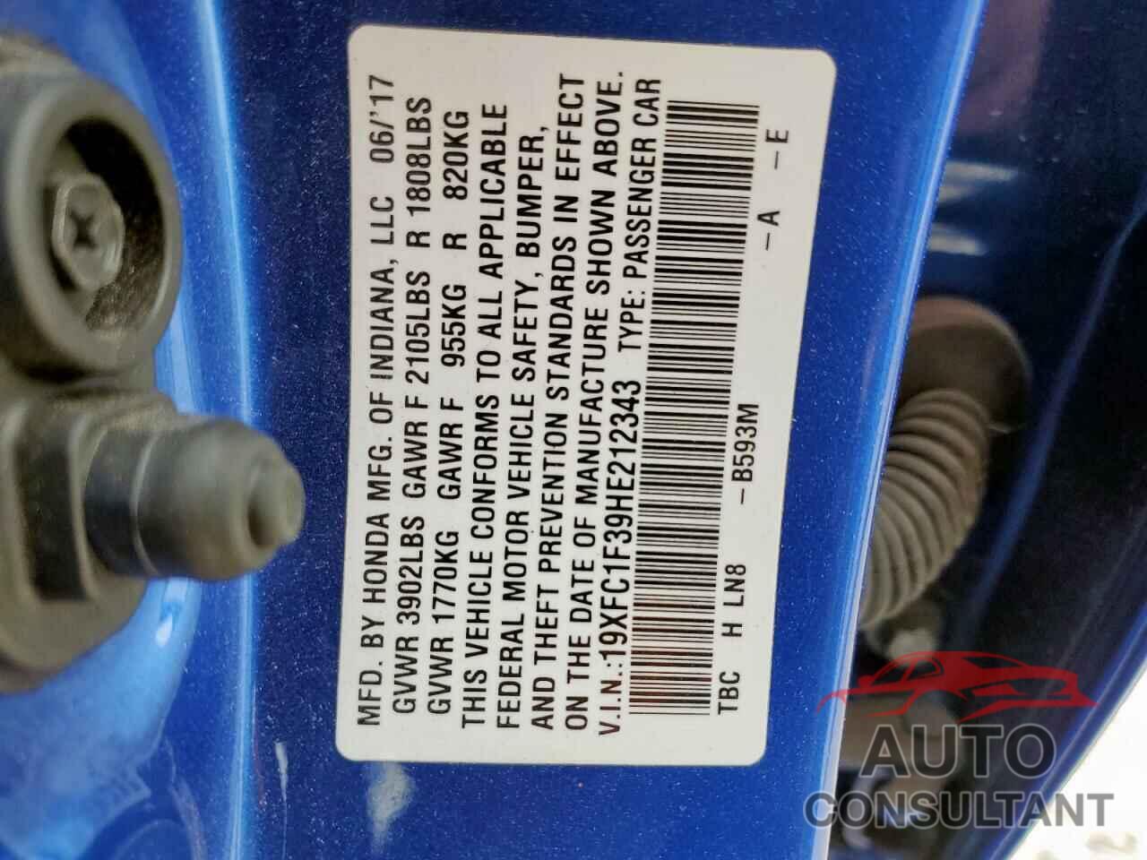 HONDA CIVIC 2017 - 19XFC1F39HE212343