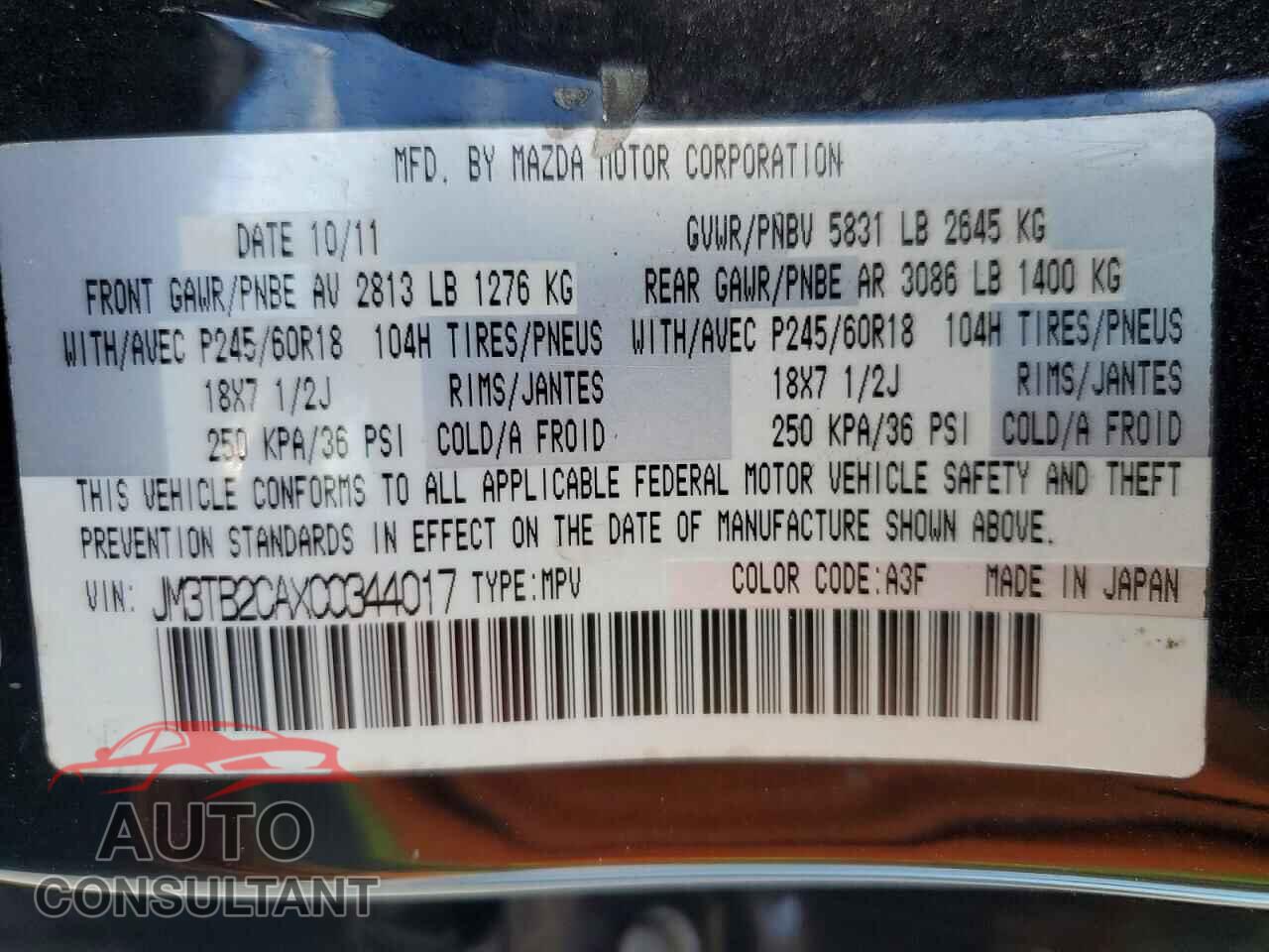 MAZDA CX-9 2012 - JM3TB2CAXC0344017