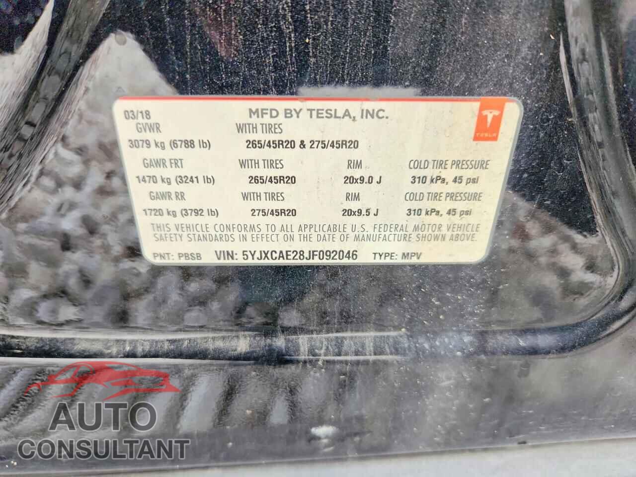 TESLA MODEL X 2018 - 5YJXCAE28JF092046