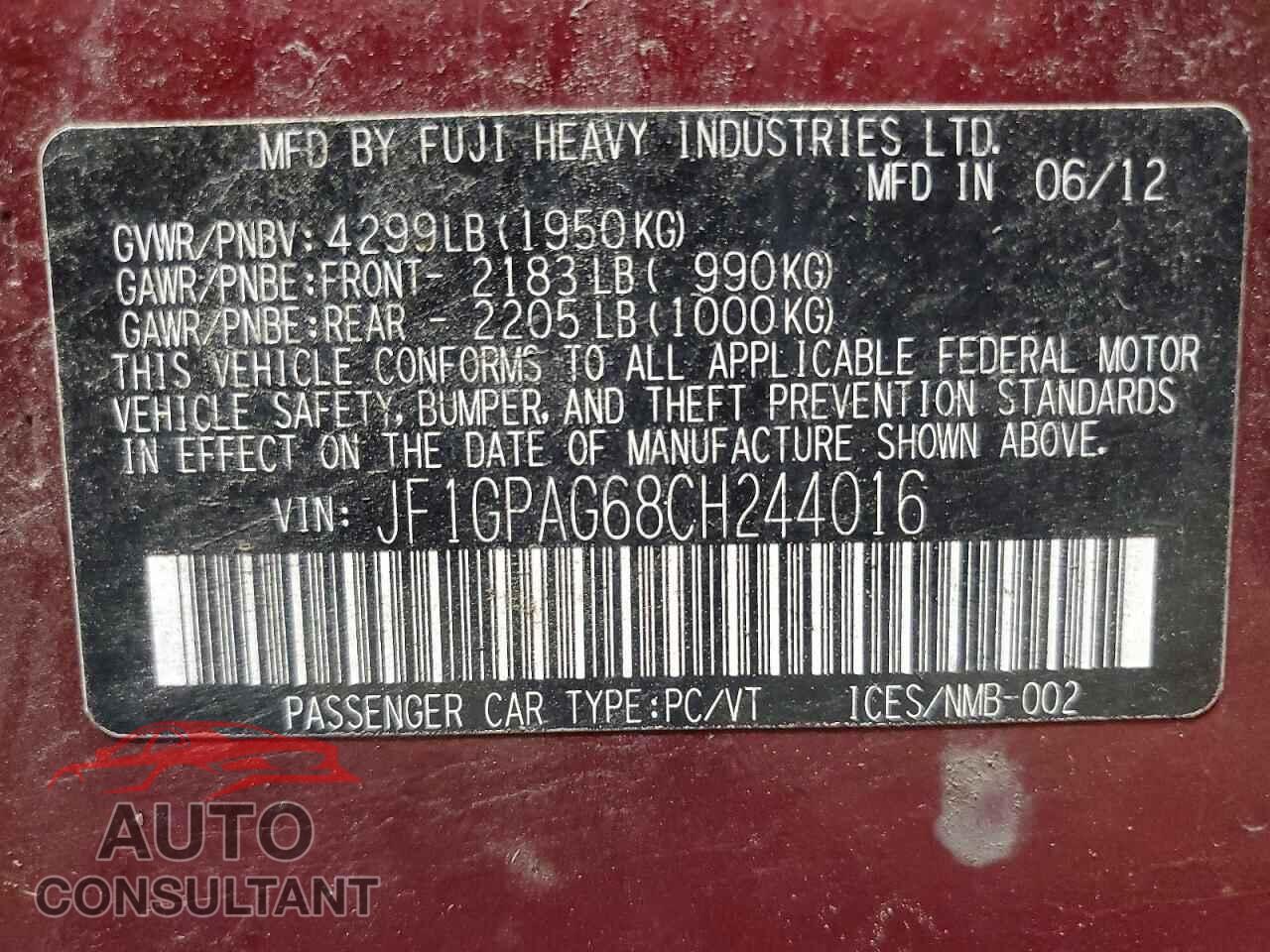SUBARU IMPREZA 2012 - JF1GPAG68CH244016