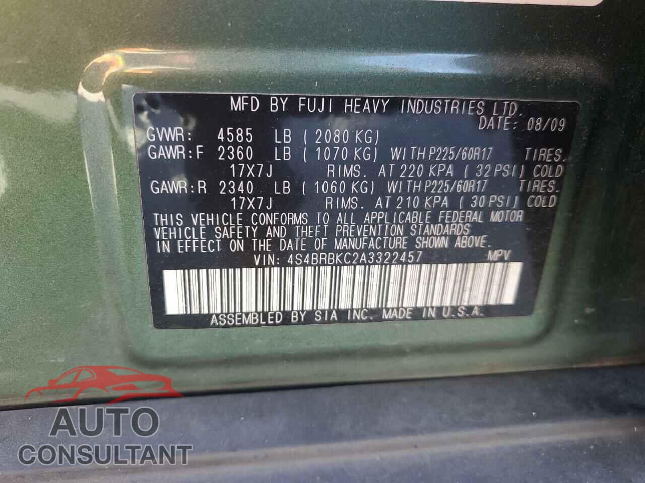 SUBARU OUTBACK 2010 - 4S4BRBKC2A3322457