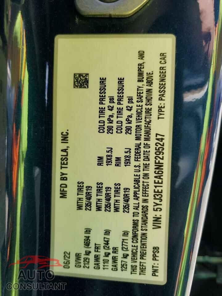 TESLA MODEL 3 2022 - 5YJ3E1EA6NF295247