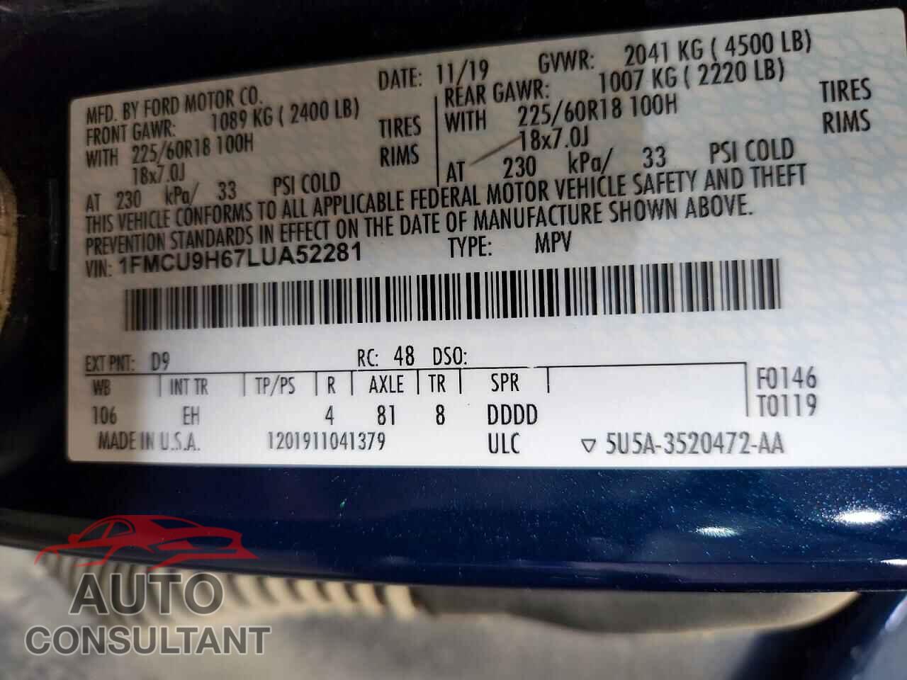 FORD ESCAPE 2020 - 1FMCU9H67LUA52281