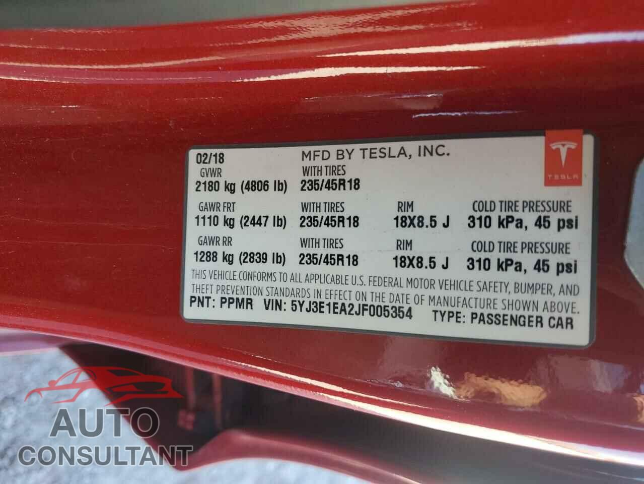 TESLA MODEL 3 2018 - 5YJ3E1EA2JF005354