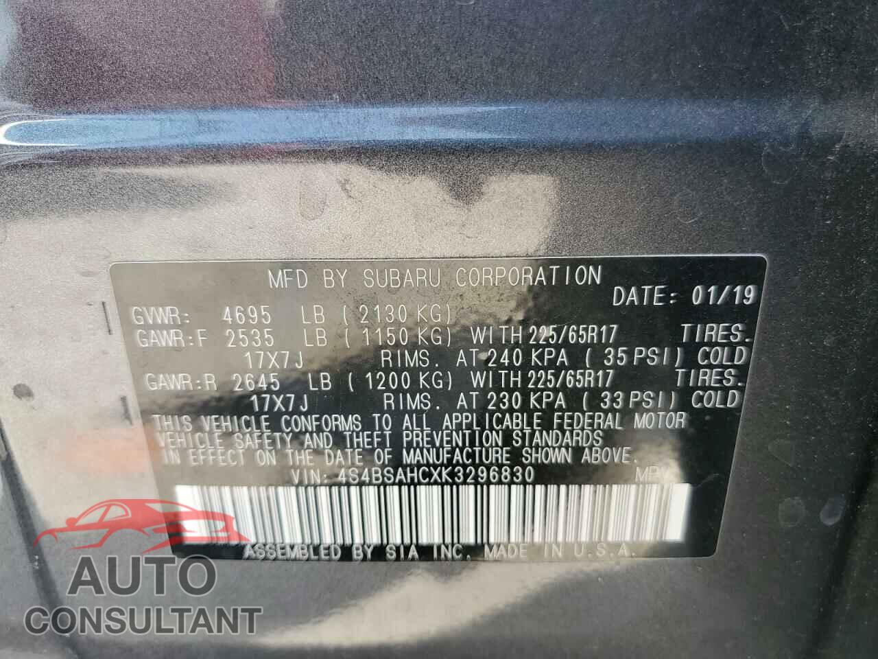 SUBARU OUTBACK 2019 - 4S4BSAHCXK3296830