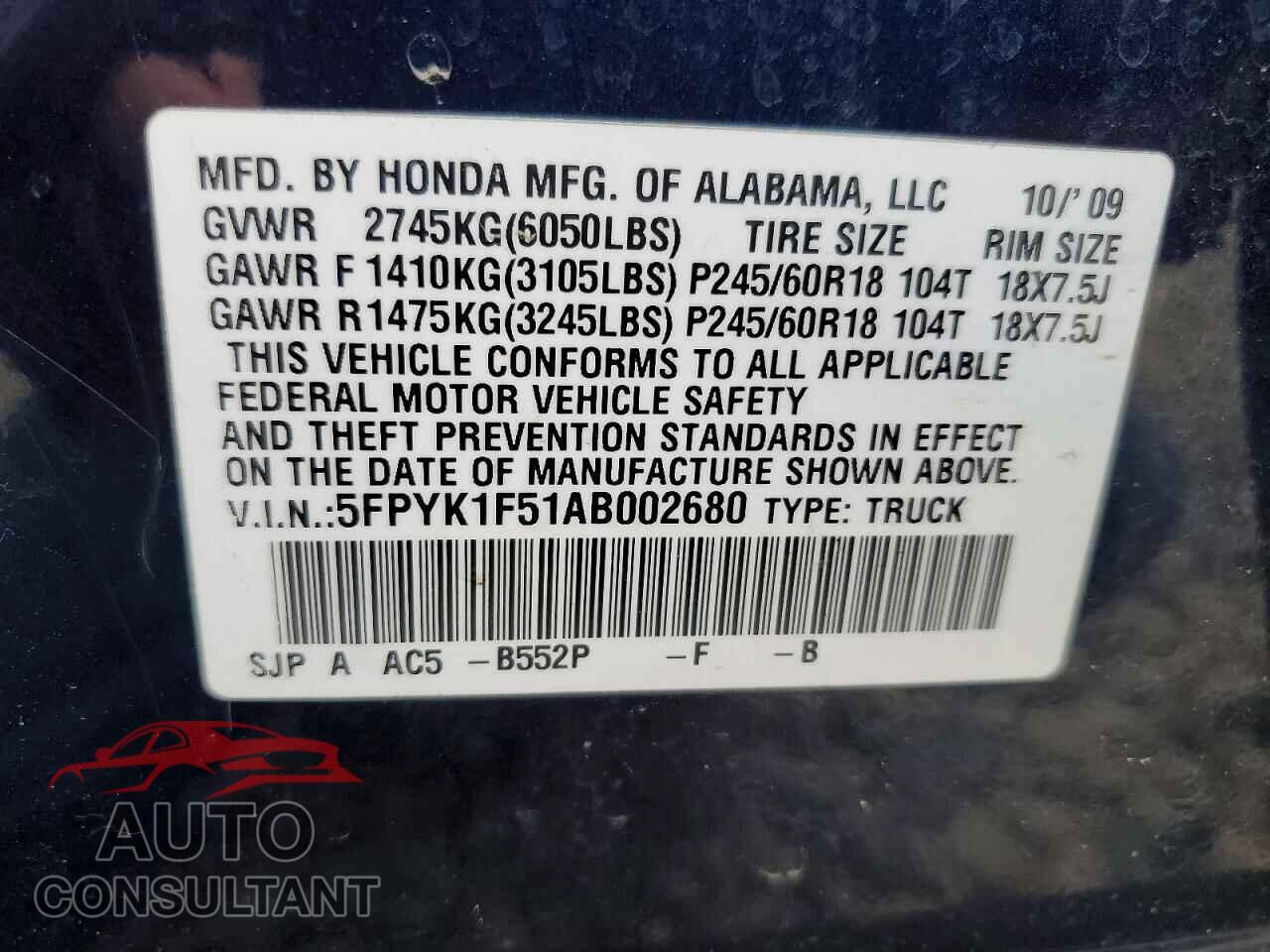 HONDA RIDGELINE 2010 - 5FPYK1F51AB002680