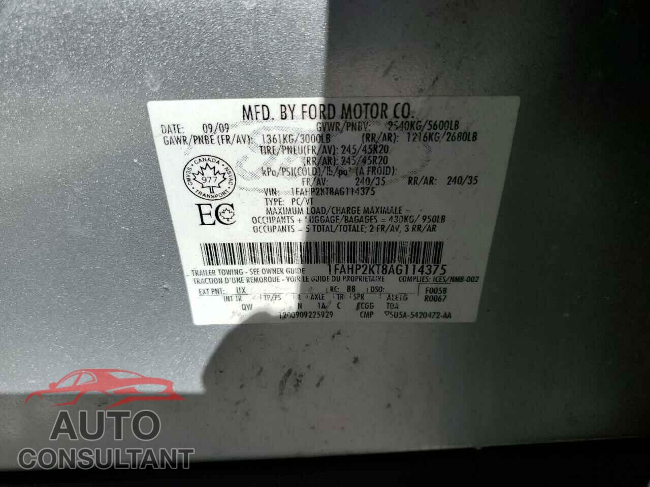 FORD TAURUS 2010 - 1FAHP2KT8AG114375