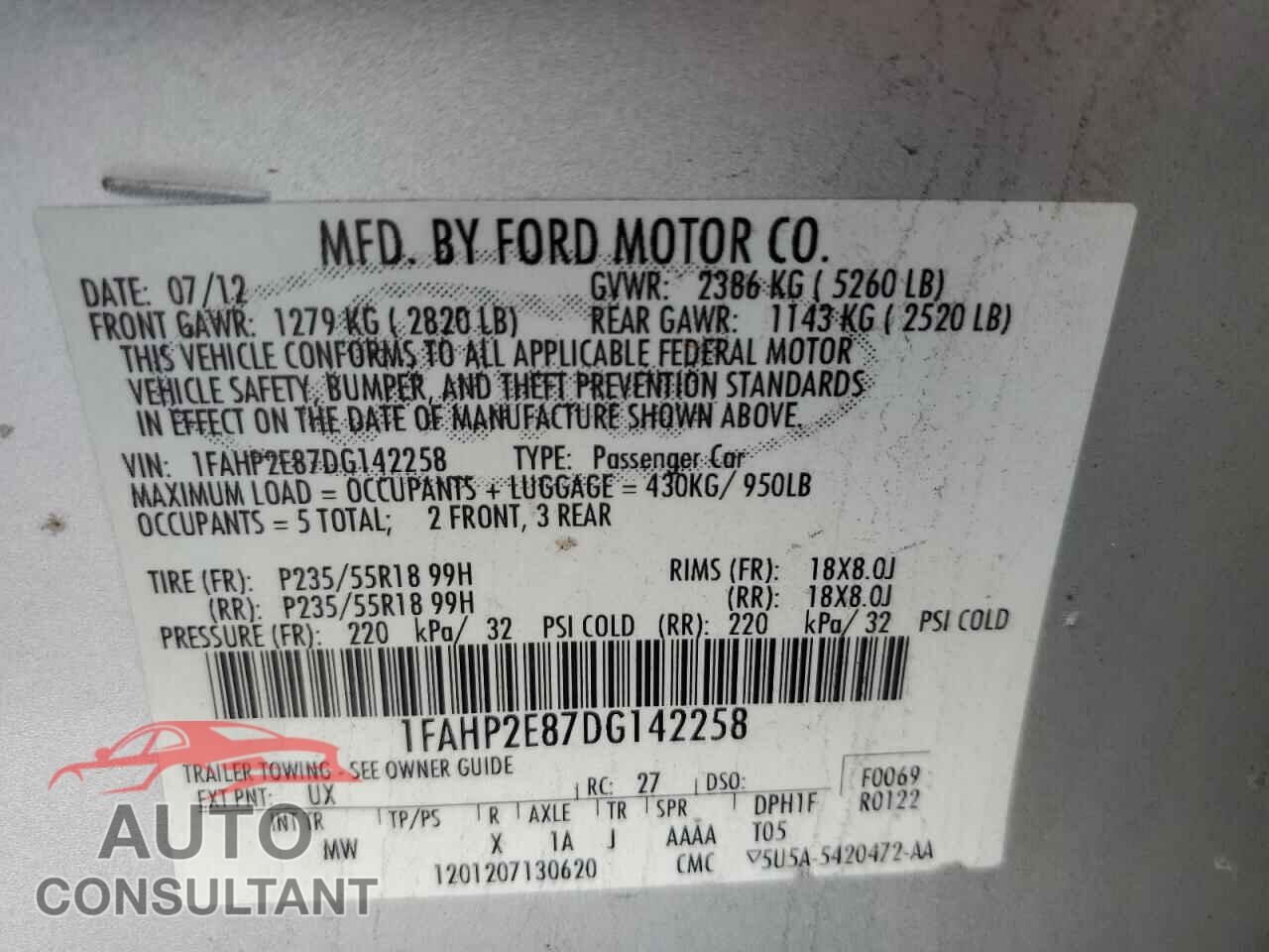 FORD TAURUS 2013 - 1FAHP2E87DG142258