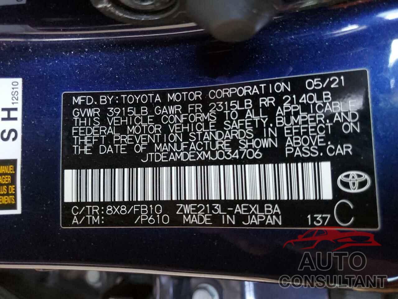 TOYOTA COROLLA 2021 - JTDEAMDEXMJ034706
