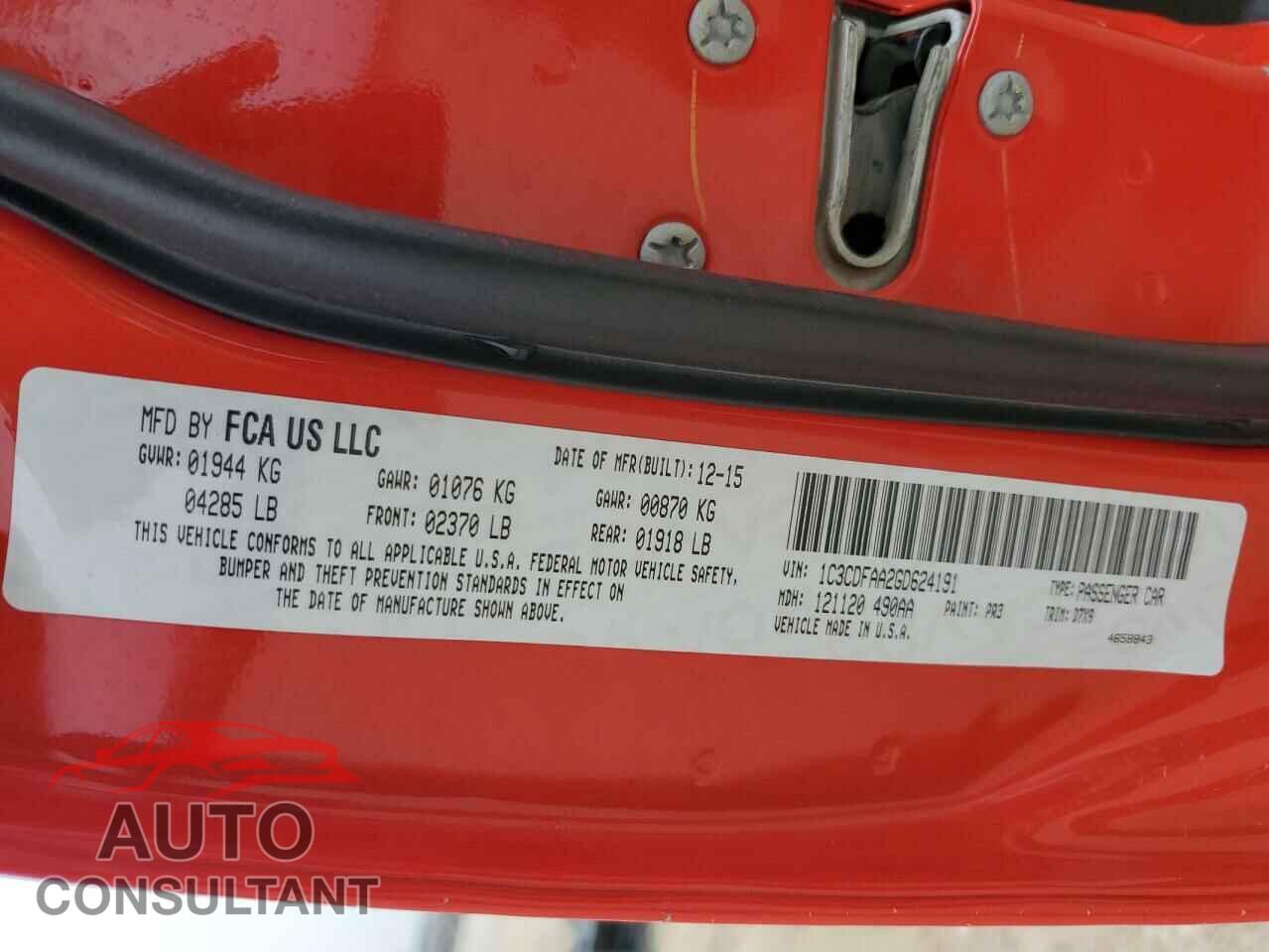DODGE DART 2016 - 1C3CDFAA2GD624191