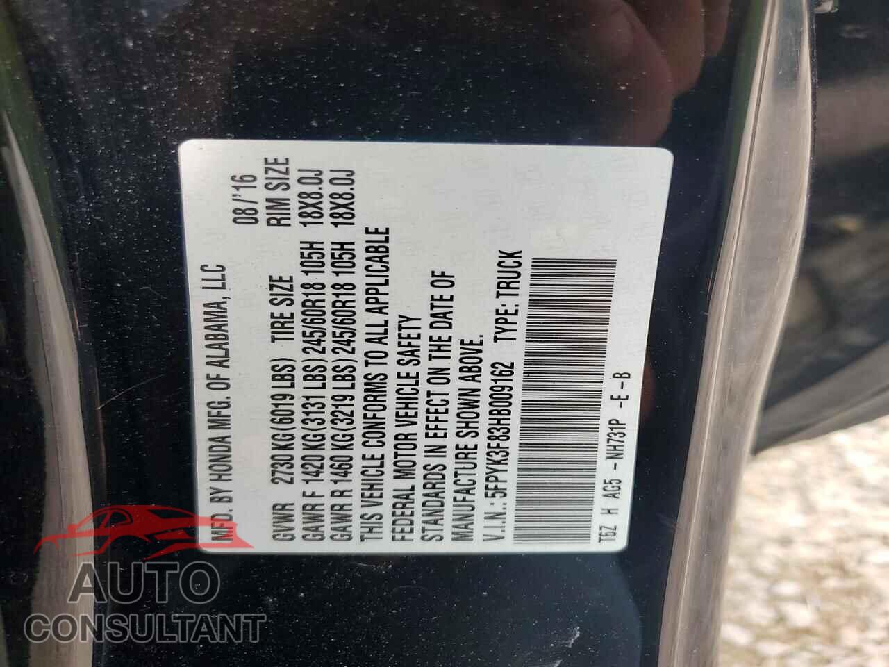 HONDA RIDGELINE 2017 - 5FPYK3F83HB009162